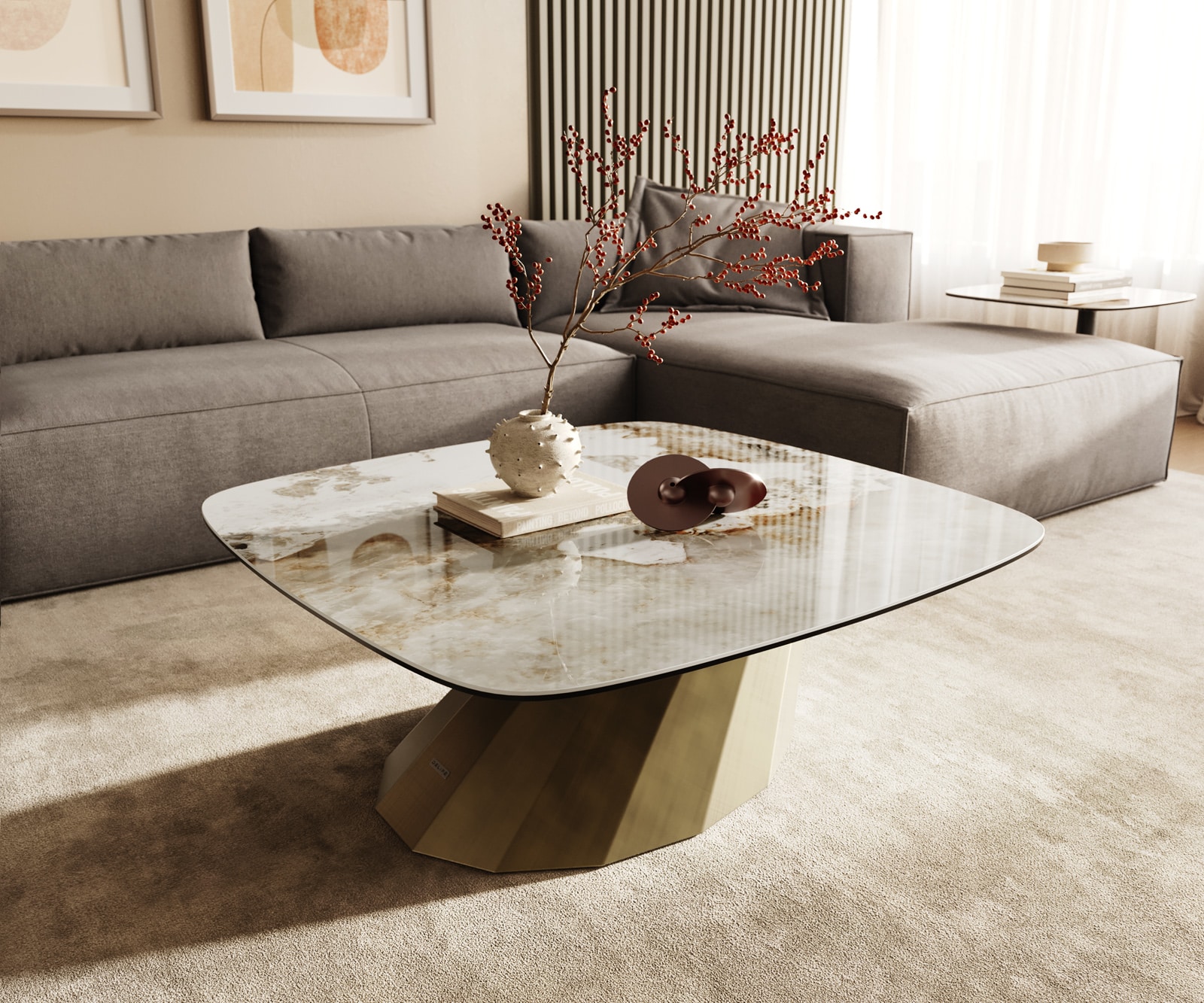 DELIFE Couchtisch Edge Boot 90x90 cm Keramik Minas Melange Parabi Metallic Gold