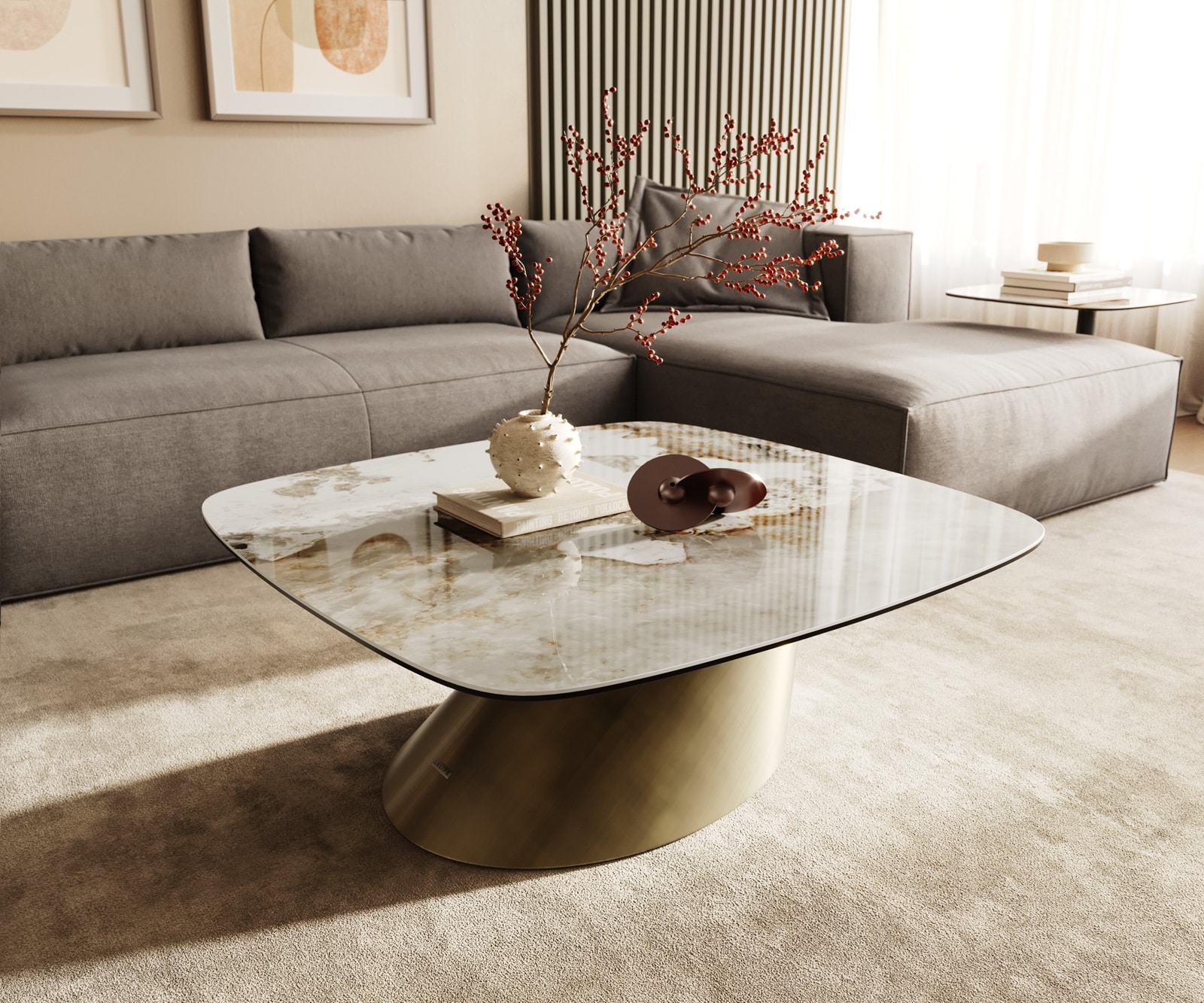 DELIFE Couchtisch Edge Boot 90x90 cm Keramik Minas Melange Conis Metallic Gold