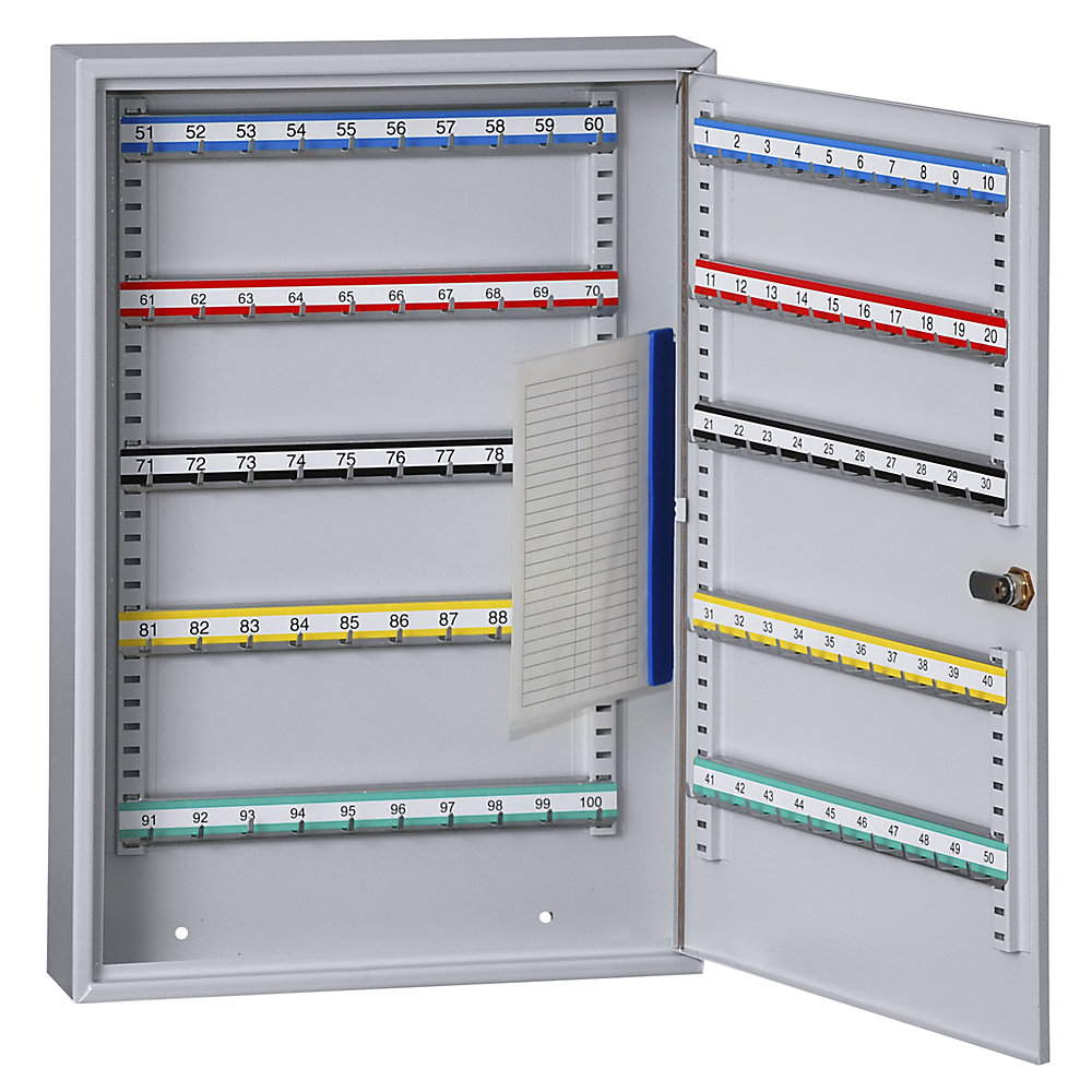 Sleutelkast, 100 haken, h x b x d = 550 x 380 x 80 mm, blank aluminiumkleurig