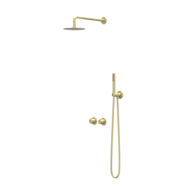 Ivy Pact Regendoucheset - inbouw - symmetry - 2-weg stop-omstel - 40cm wandarm - 25cm slim hoofddouche - houder met uitlaat - 150cm doucheslang - staafmodel handdouche - Geborsteld mat goud PVD CSP3MP