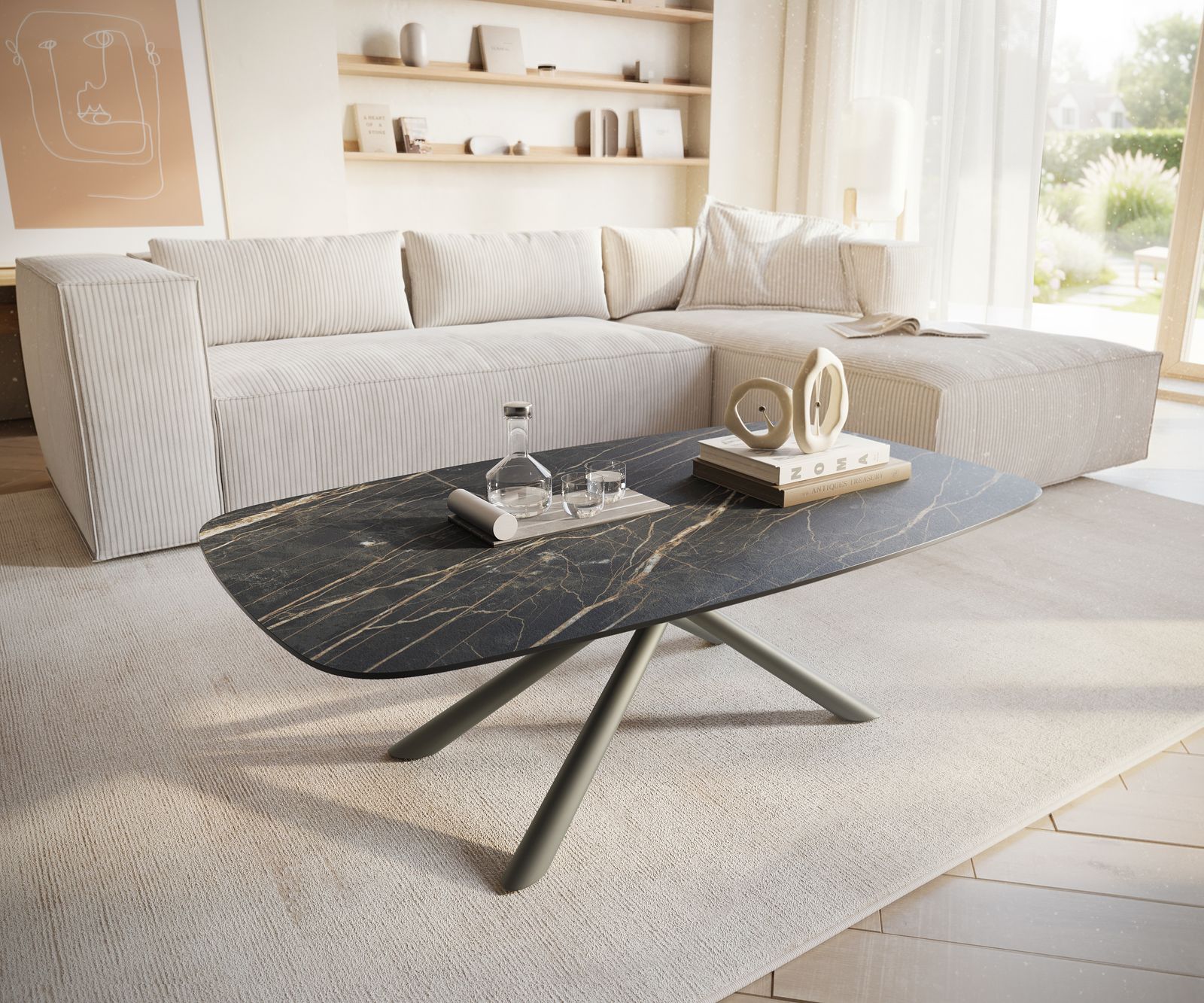 DELIFE Couchtisch Edge Boot 120x70 cm Keramik Laminam Noir Desir Braun Sarity Metall Effektfinish Titan