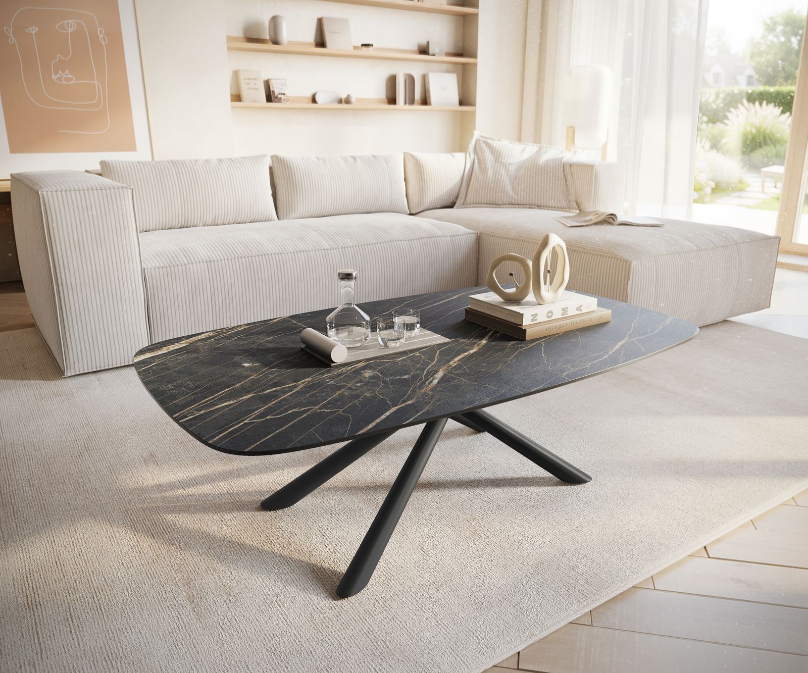 DELIFE Couchtisch Edge Boot 120x70 cm Keramik Laminam Noir Desir Braun Sarity Metall Schwarz