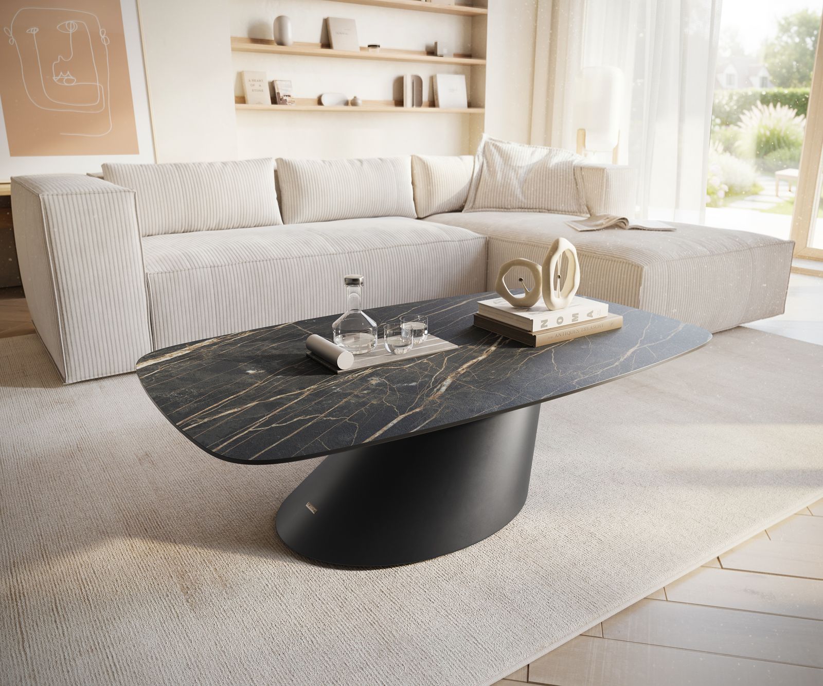 DELIFE Couchtisch Edge Boot 120x70 cm Keramik Laminam Noir Desir Braun Conis Metall Schwarz