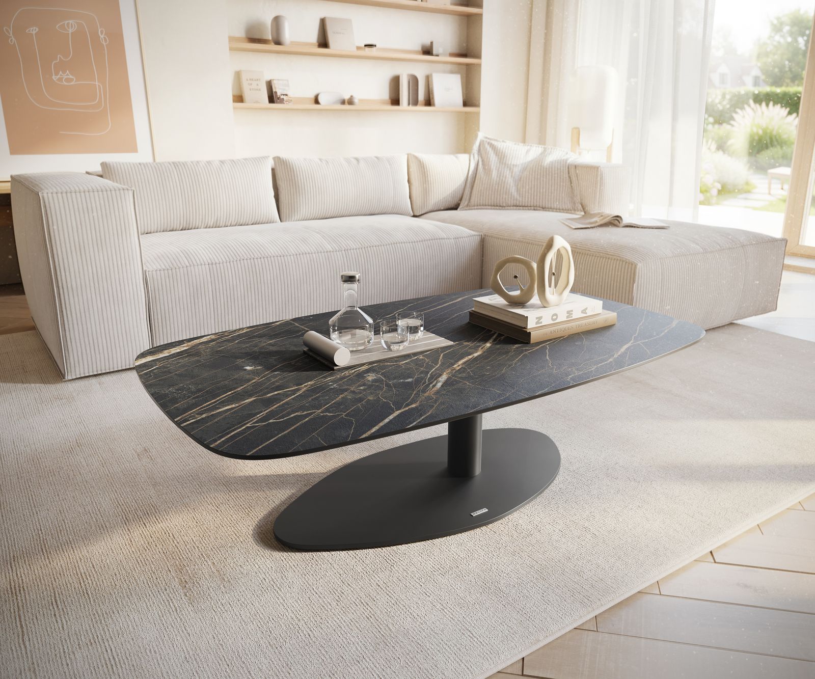 DELIFE Couchtisch Edge Boot 120x70 cm Keramik Laminam Noir Desir Braun Vibany Metall Schwarz