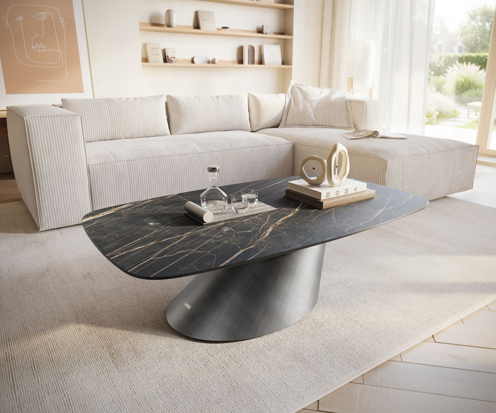 DELIFE Couchtisch Edge Boot 120x70 cm Keramik Laminam Noir Desir Braun Conis Metallic Silber