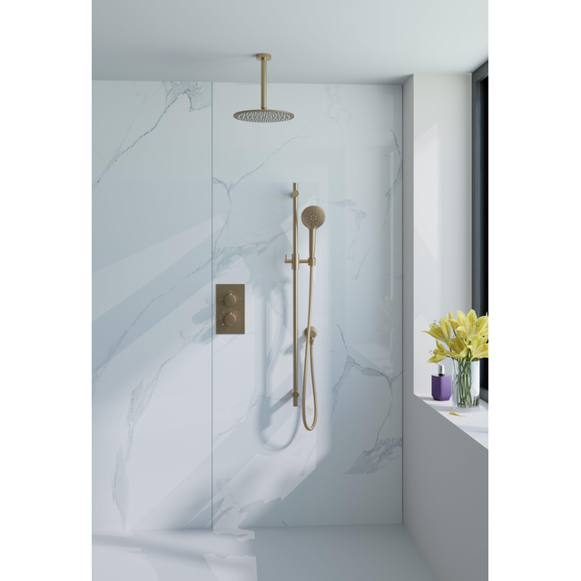 Fortifura Calvi Inbouw Regendoucheset - thermostatisch - plafondarm - glijstang - 30cm hoofddouche - ronde handdouche - metalen doucheslang - geborsteld Messing PVD (Goud) SW706206/SW1139122/SW720557/