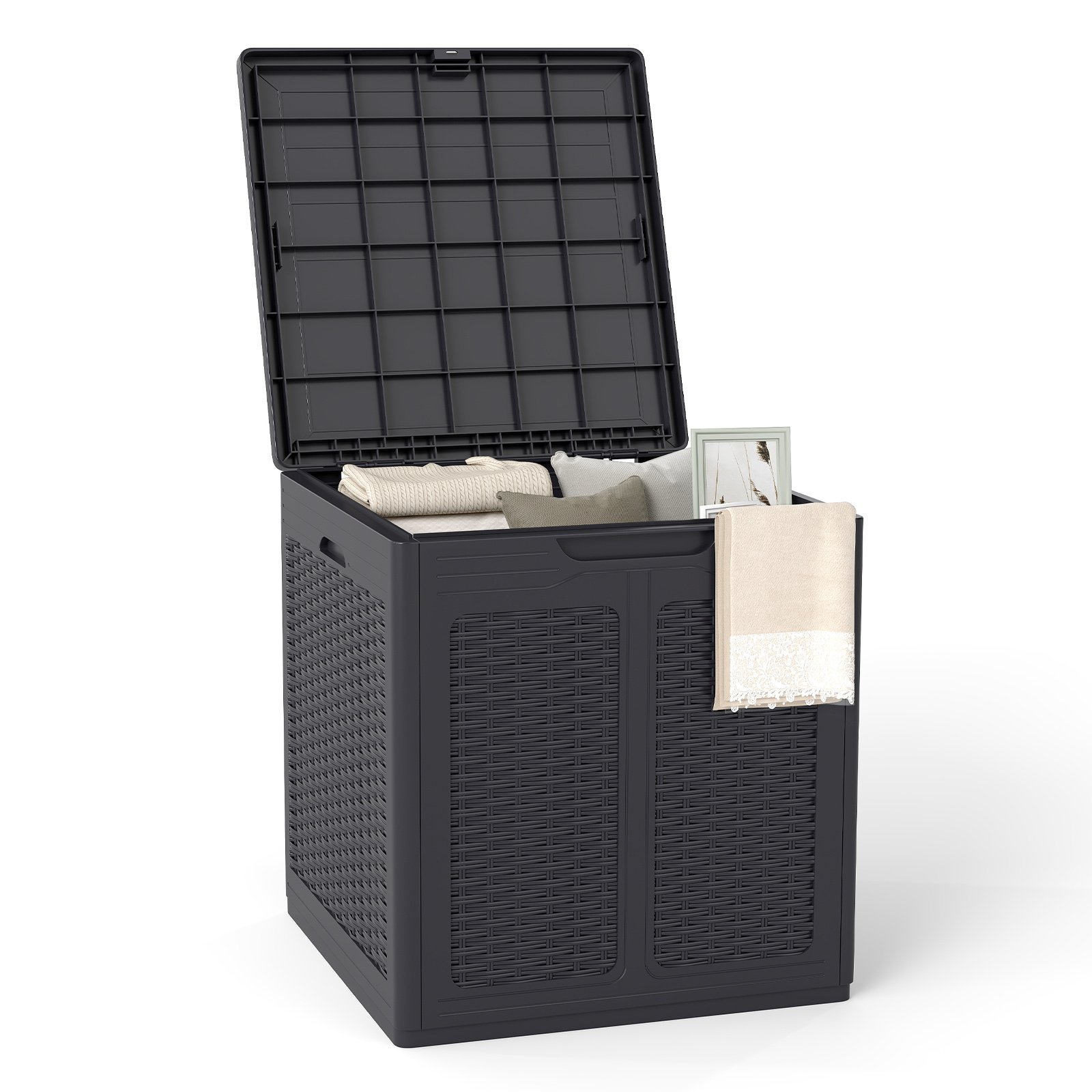 Costway 145 L Opbergdoos met PP-deksel & Rieten Patroon Buiten Opbergcontainer Bruin