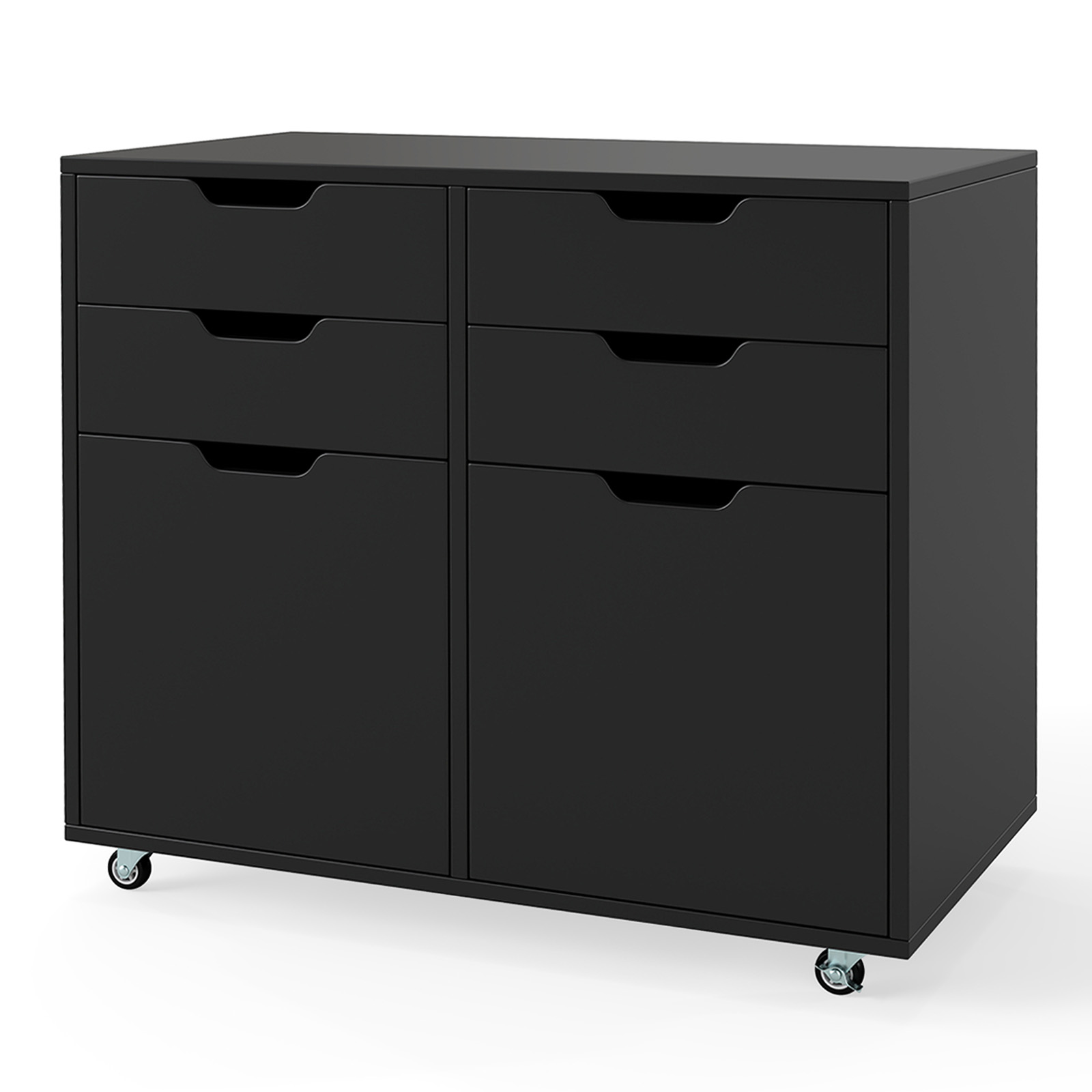 Costway Rollcontainer met 4 Lades & 2 Deuren Archiefkast met Wielen Printerstandaard Zwart