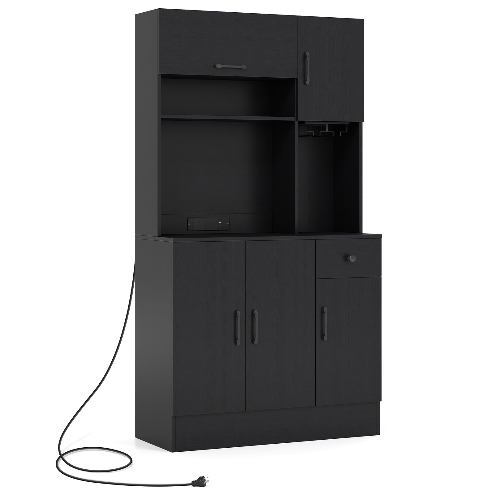 Costway 167 cm Hoge Voorraadkast met Opzet en Stopcontacten Keukenkast met Stijlglashouder Zwart