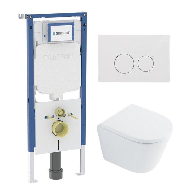 Geberit QeramiQ Dely Toiletset - 36.3x51.7cm - diepspoel - rimless -  UP720 inbouwreservoir - softclose toilet zitting 35 mm - glans witte bedieningsplaat - ronde knoppen - wit glans SW1026255 / SW1159