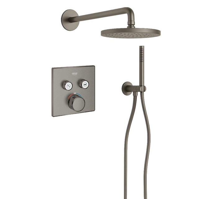 Grohe Adema Rise Regendoucheset - vierkant - wandaansluitbocht met handdouchehouder - gladde doucheslang - staafhanddouche - wandarm - 25cm hoofddouche -  SmartControl inbouwthermostaat - brushed
