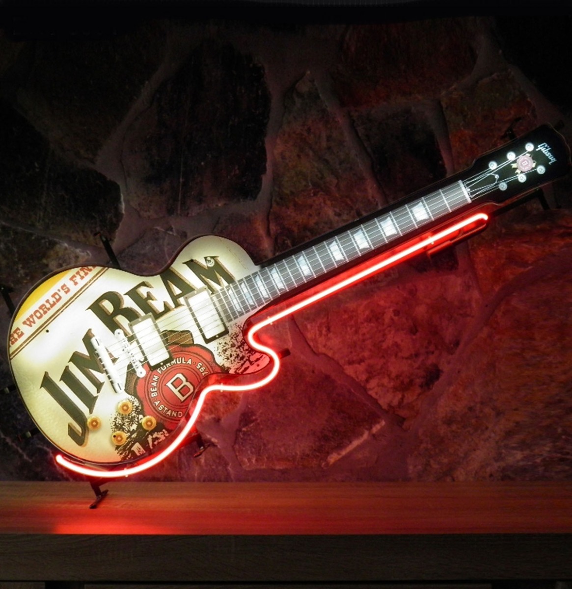 Fiftiesstore Jim Beam Classic Logo Gibson Gitaar Neon Verlichting 117 x 45 cm - Rood, Wit