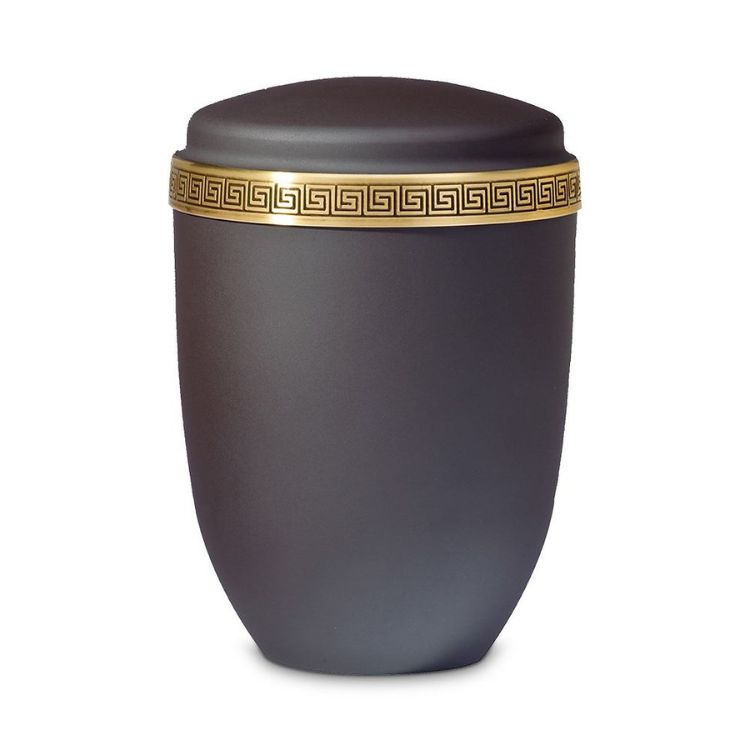 Gedenk Idee Memorialshop Urn in donkergrijs edelstaal met messing reliëf decorband (4000ml)