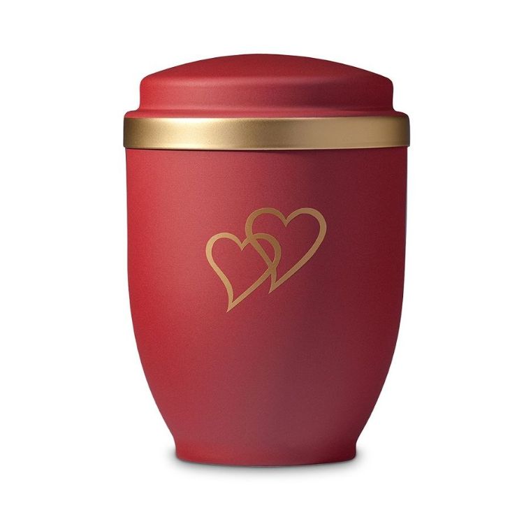 Gedenk Idee Memorialshop Urn Rood met dubbel Hart in goudkleur (3300ml)