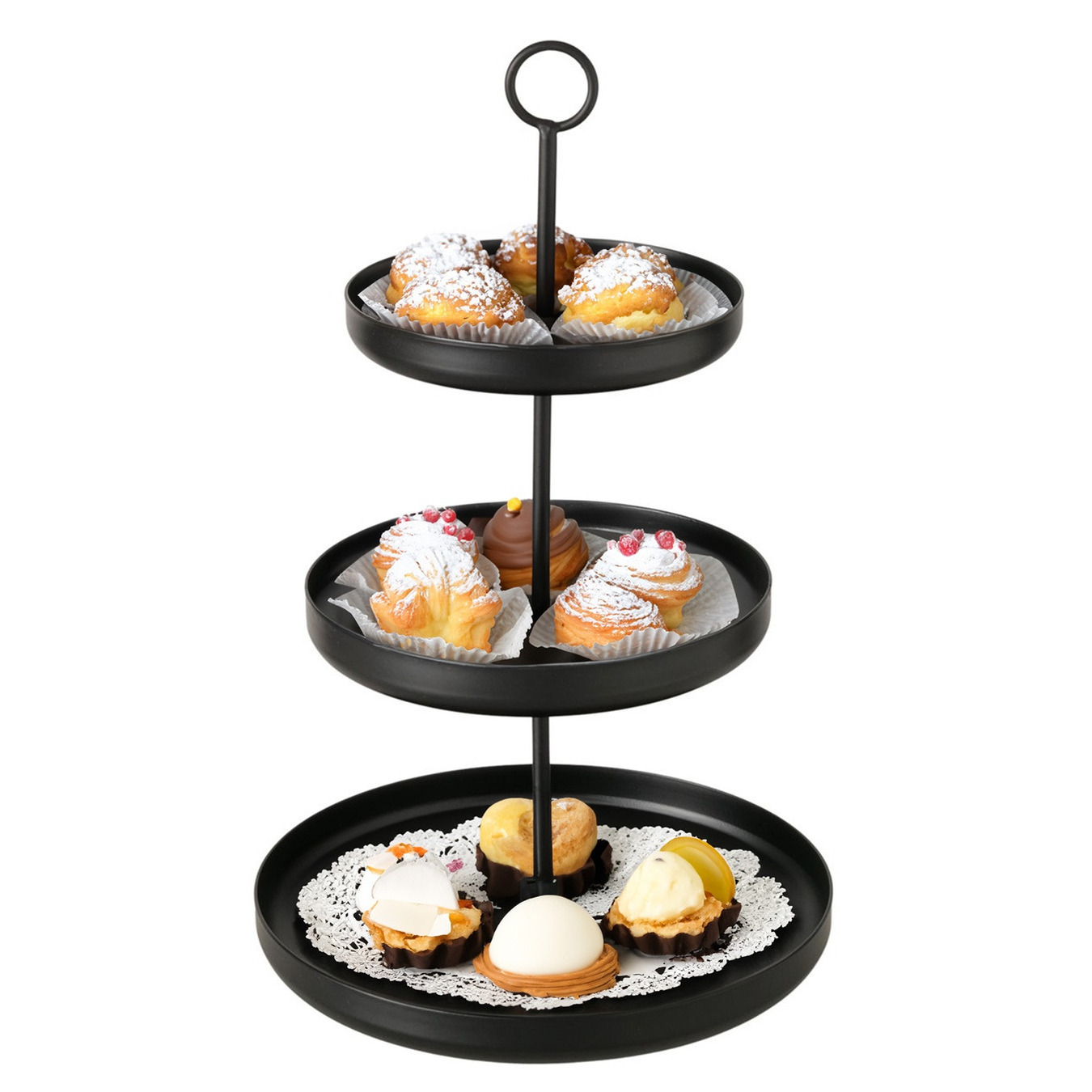 Boltze Etagere 3-laags - zwart - RVS - H32 cm - Hightea/tapas/koekjes/taartjes serveerschaal -