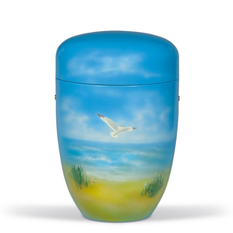 Gedenk Idee Memorialshop Urn blauw edelstaal: Zeemeeuw aan de kust