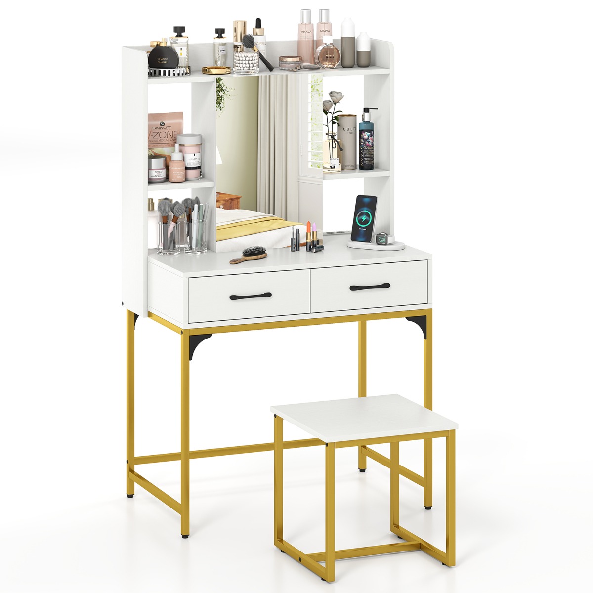 Costway Spiegelende Kaptafelset Kaptafel voor de Slaapkamer