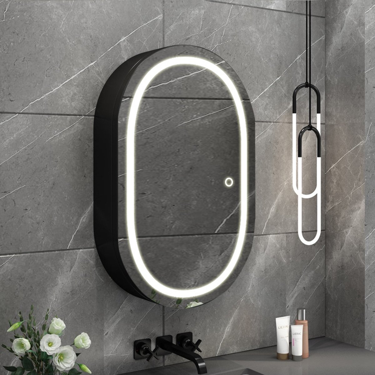 BES LED LED Spiegelkast - Afimera Lina Zwart 55x80 cm - Dimbaar - Aanpasbare Lichtkleur CCT - Anti-Condens - Touch Schakelaar - IP44 Gecertificeerd