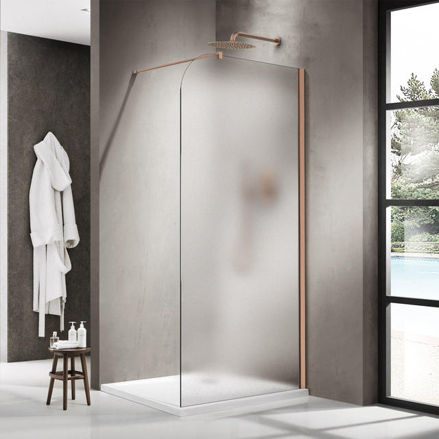 Fortifura Galeria Inloopdouche - 100x200cm - afgeronde glaswand - rechts - mat glas - wandarm - geborsteld koper PVD SW1421081/SW876702