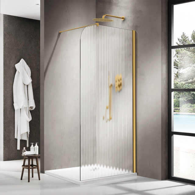 Fortifura Galeria Inloopdouche - 100x200cm - afgeronde glaswand - rechts - ribbel glas - wandarm - geborsteld messing PVD (Goud) SW1421076/SW797910