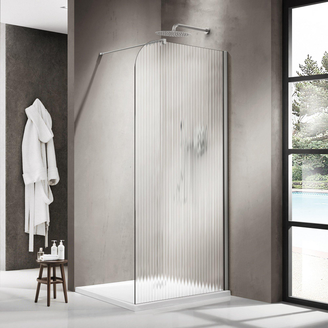 Fortifura Galeria Inloopdouche - 100x200cm - afgeronde glaswand - rechts - ribbel glas - wandarm - geborsteld RVS PVD SW1421076/SW797908