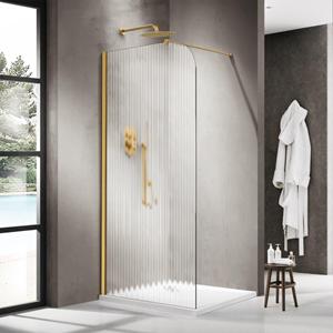Fortifura Galeria Inloopdouche - 140x200cm - afgeronde glaswand - links - ribbel glas - wandarm - geborsteld messing PVD (Goud) SW1418373/SW797910