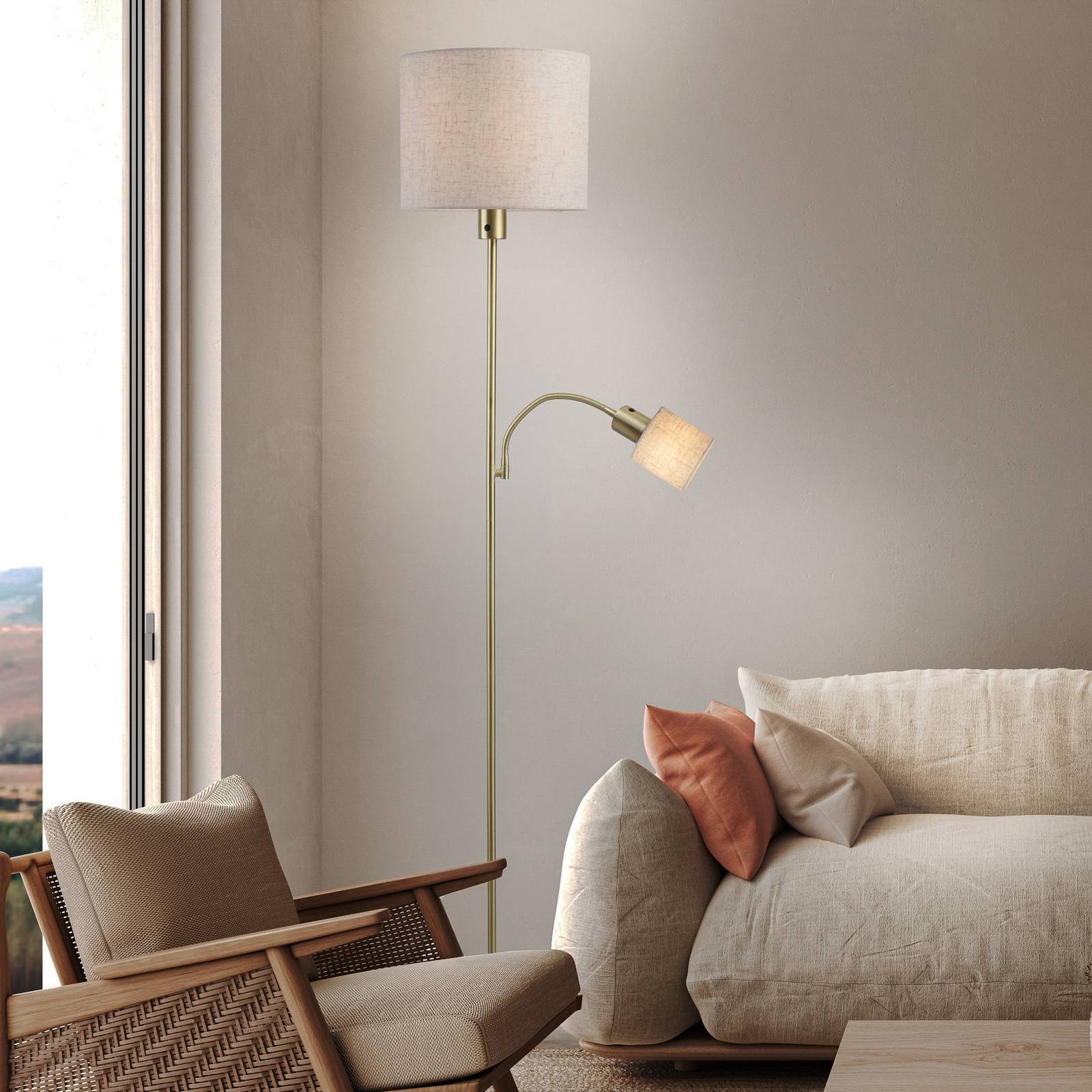 Naeve Leuchten Näve Vloerlamp Filomena, beige/messing, textiel, leesarm, E27, E14