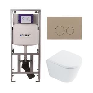 Geberit QeramiQ Dely Toiletset - 36.3x51.7cm - diepspoel - rimless -  UP320 inbouwreservoir - met Burda frame - softclose toilet zitting 35 mm - bedieningsplaat taupe - ronde knoppen - wit glans SW1026
