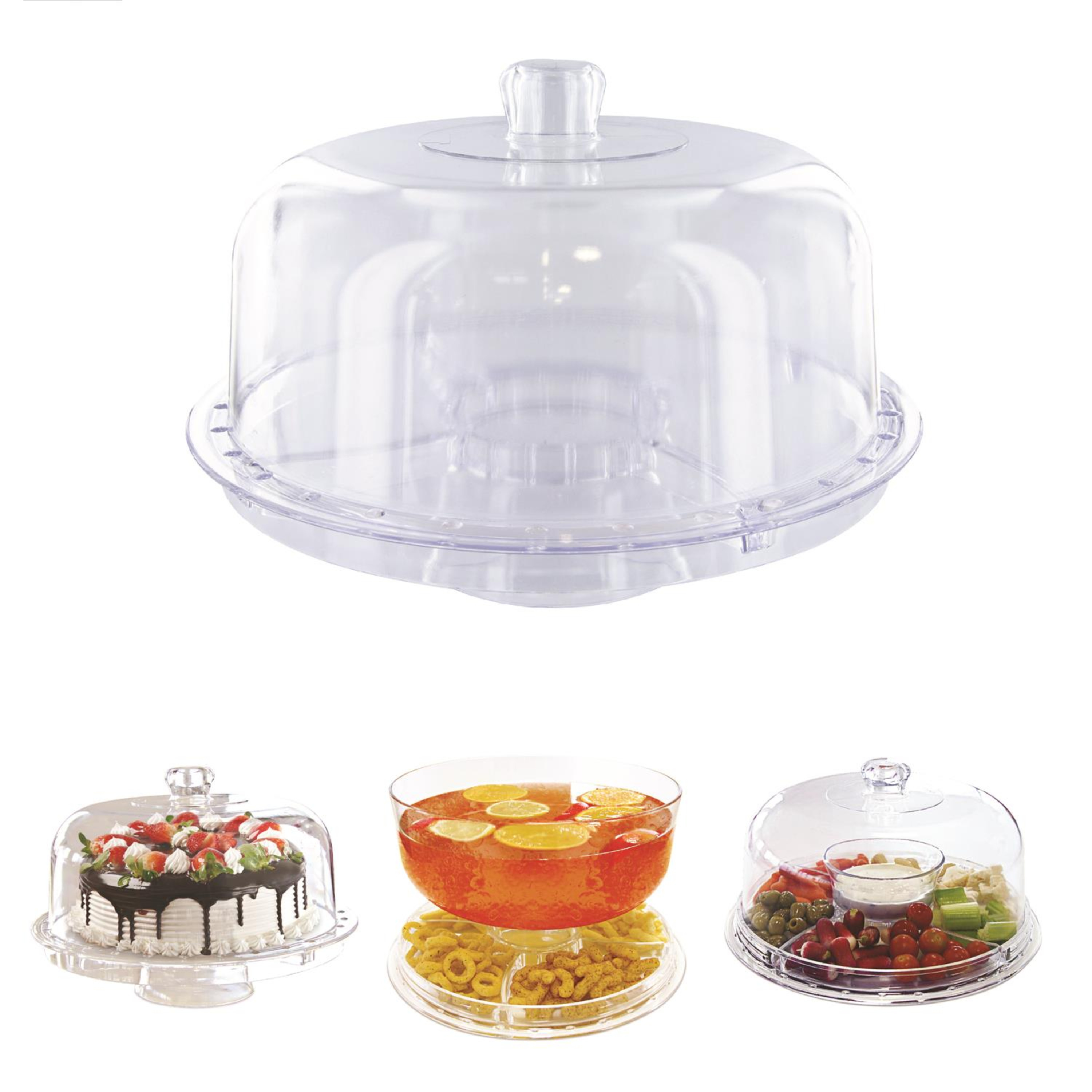 Home Deco Factory 3 in 1 Taartstandaard - transparant - D30 cm - kunststof - taartstandaard - etageres - multifunction -