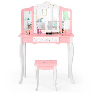 Costway Kinderen Kaptafel & Kruk Set Drievoudige Spiegel Make-Up Tafel Schitteren Ster Afdrukken Kinder Kaptafel Schrijftafel