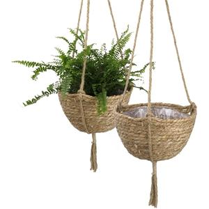 CosyHome Natuurlijke Hangende Zeegras Plantenmanden Dubbele Laag Bloemen Plantmand Houder Tuindecoratie