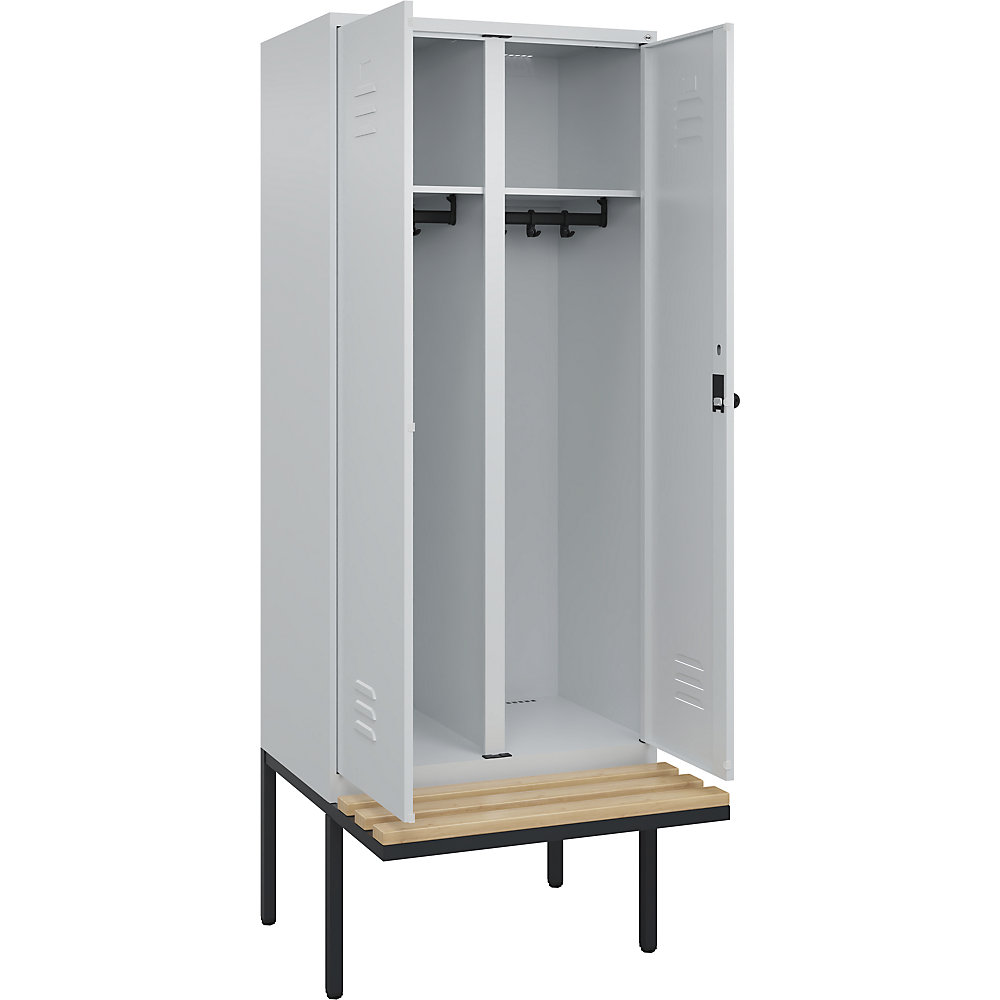 C+P Multifunctionele kledingkast Classic PLUS met zitbank, 1 compartiment, lichtgrijs, b = 800 mm, veiligheidsdraaigrendel, vrijdragend, beuken-hardhout