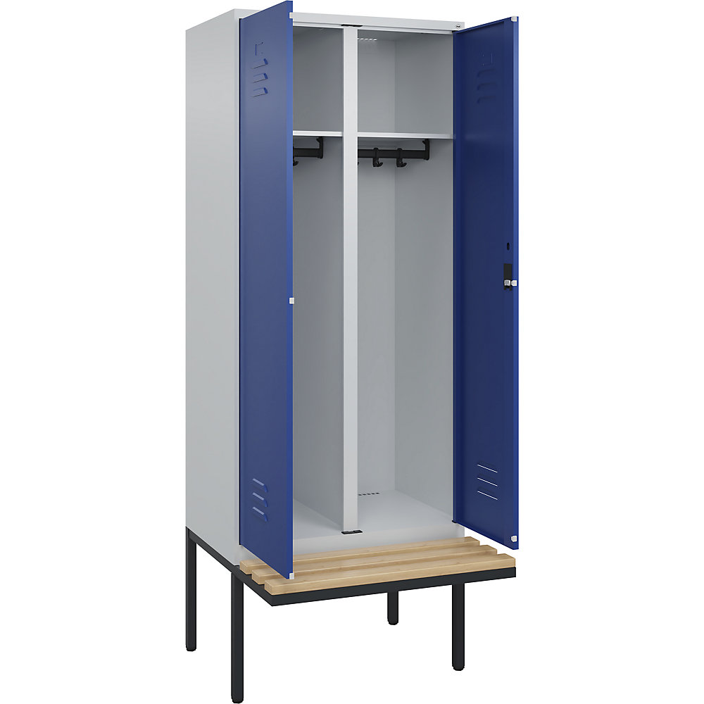 C+P Multifunctionele kledingkast Classic PLUS met zitbank, 1 compartiment, lichtgrijs / gentiaanblauw, b = 800 mm, cilinderslot, vrijdragend, beuken-hardhout