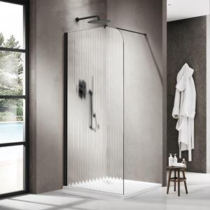 Fortifura Galeria Inloopdouche - 90x200cm - afgeronde glaswand - links - ribbel glas - wandarm - mat zwart SW1418369/SW797905