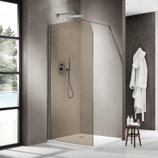 Fortifura Galeria Inloopdouche - 100x200cm - afgeronde glaswand - rook glas - wandarm - geborsteld gunmetal PVD SW1418365/SW797907