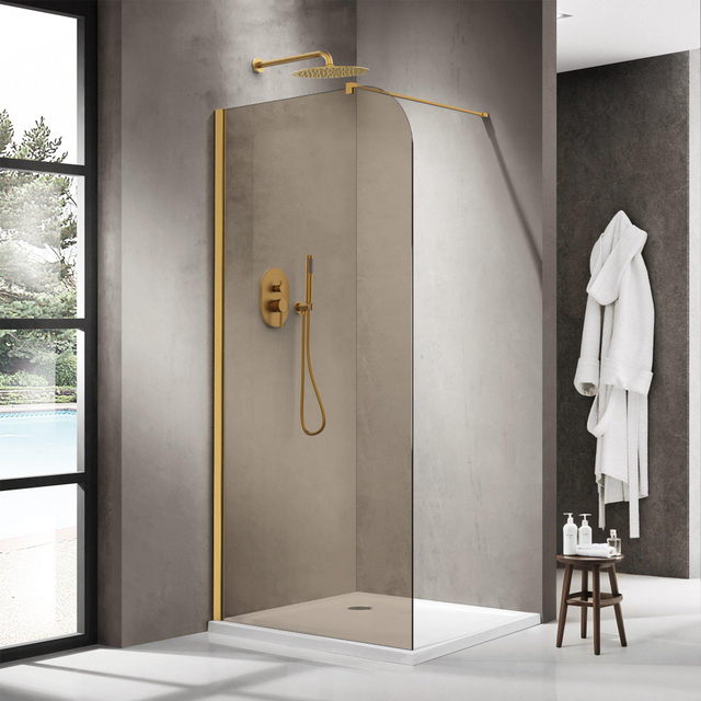 Fortifura Galeria Inloopdouche - 100x200cm - afgeronde glaswand - rook glas - wandarm - geborsteld messing PVD (Goud) SW1418365/SW797910