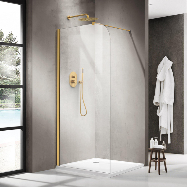 Fortifura Galeria Inloopdouche - 100x200cm - afgeronde glaswand - helder glas - wandarm - geborsteld messing PVD (Goud) SW1418380/SW797910