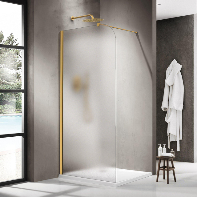 Fortifura Galeria Inloopdouche - 100x200cm - afgeronde glaswand - links - mat glas - wandarm - geborsteld messing PVD (Goud) SW1418375/SW797910
