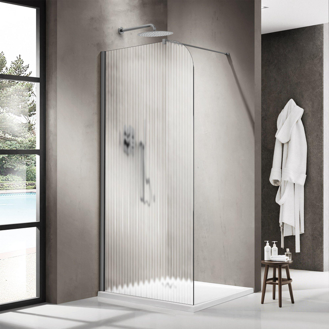 Fortifura Galeria Inloopdouche - 100x200cm - afgeronde glaswand - links - ribbel glas - wandarm - geborsteld gunmetal PVD SW1418370/SW797907