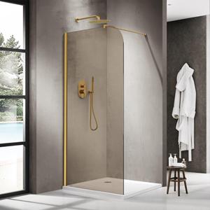 Fortifura Galeria Inloopdouche - 140x200cm - afgeronde glaswand - rook glas - wandarm - geborsteld messing PVD (Goud) SW1418368/SW797910
