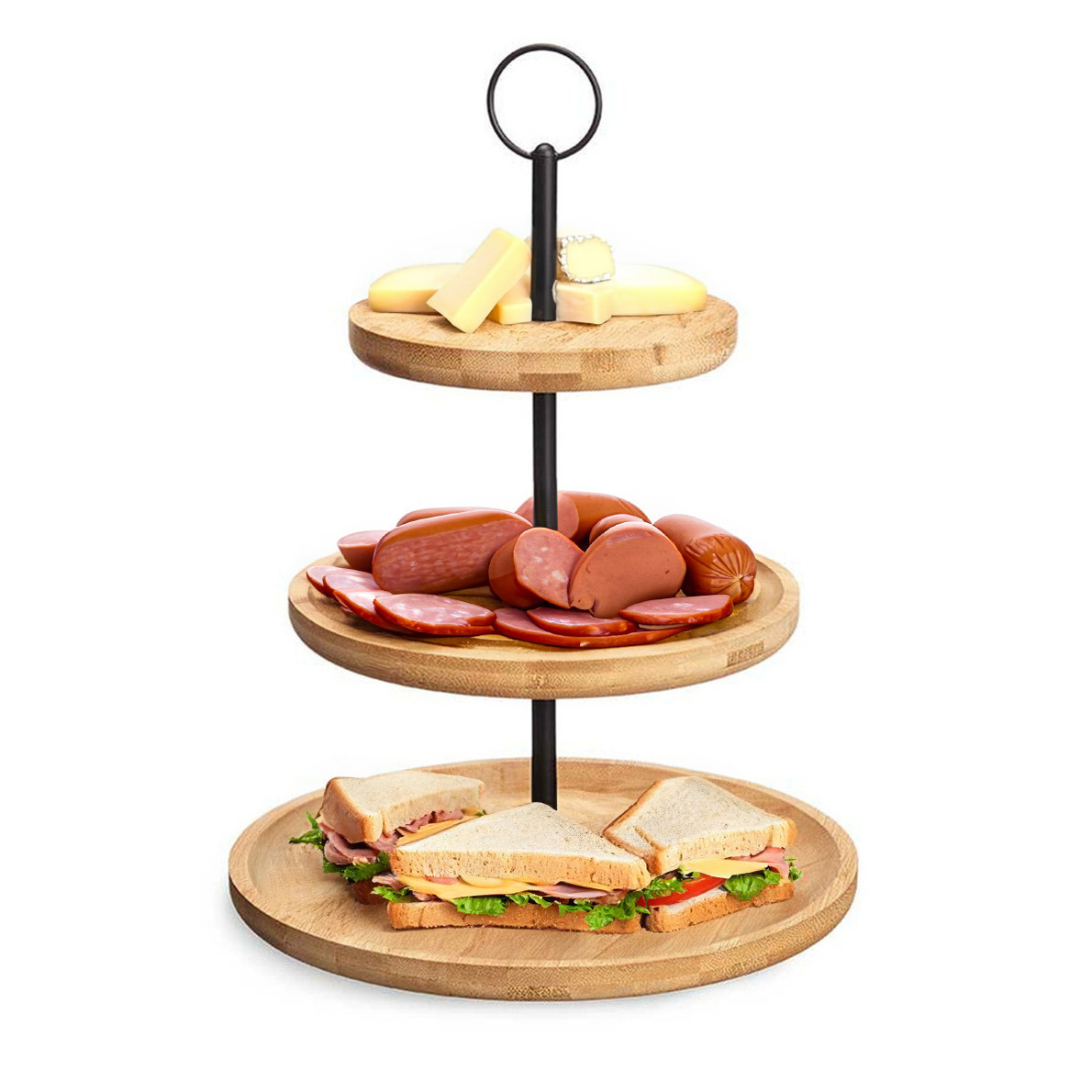 Kinvara Serveerplank 3 laags - D25 cm - bamboe/metaal - kaasplankje - borrelplank - etagiere -