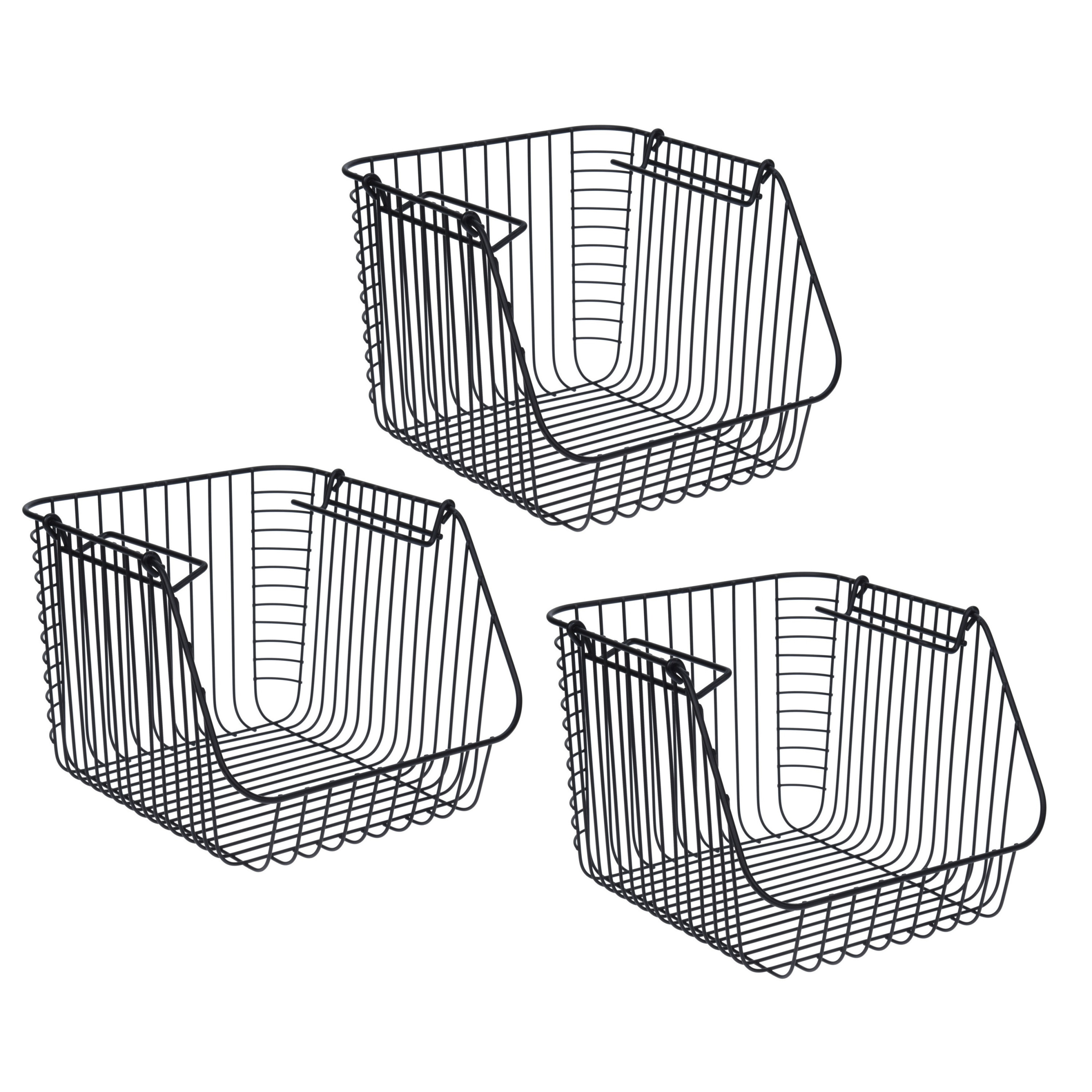 Merkloos Opbergmandje - 3x - zwart - stapelbaar - 29 x 27 x 21 cm - draadmand - opbergen -