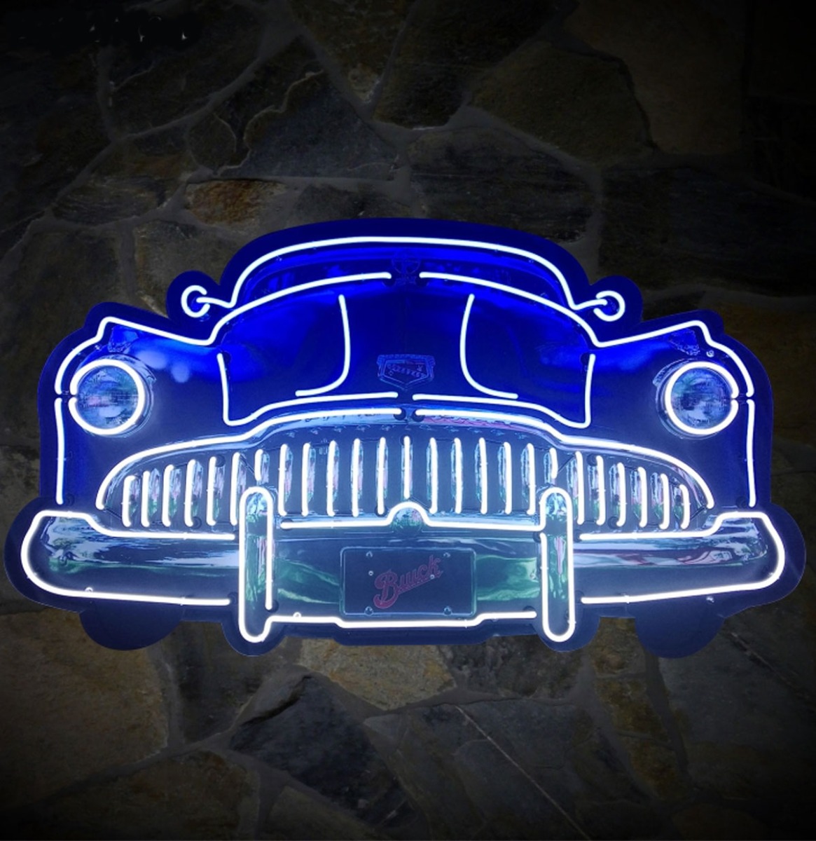 Fiftiesstore Classic Buick Autoneus Grill Neon Verlichting XL In Metalen Bak 137 x 76 cm - Wit, Blauw