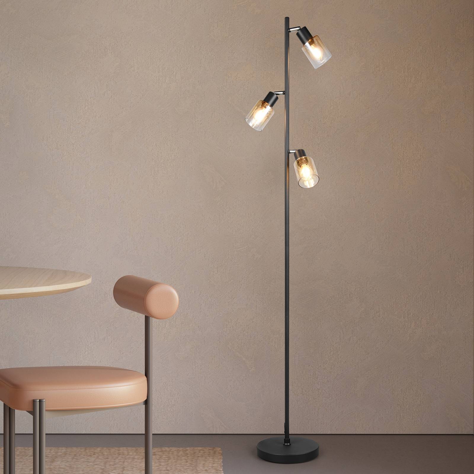 Reality Leuchten Vloerlamp Cadiz, zwart/amber, 3-lamps, hoogte 154 cm