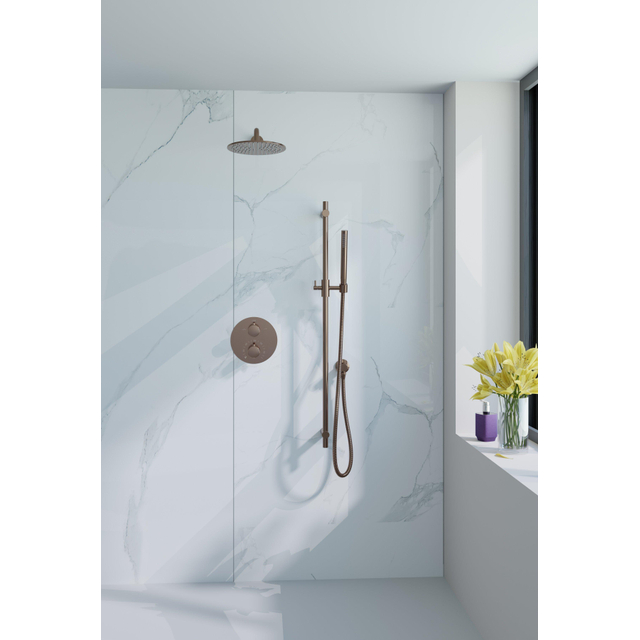 Fortifura Calvi Inbouw Regendoucheset - rond - thermostatisch - wandarm - glijstang - 25cm hoofddouche - staaf handdouche - Geborsteld koper PVD (Koper) SW970038/SW970041/SW970043/SW1183048/SW970046/S