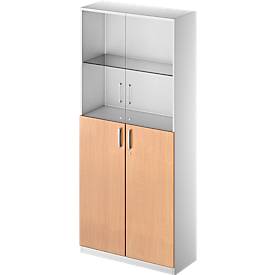 Schäfer Shop Genius Combikast TETRIS SOLID, 6 ordnerhoogten, glazen deuren en vleugeldeuren, B 1000 mm, afsluitbaar, glas/beukenpatroon/blank aluminium