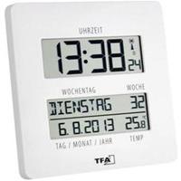 Wandklok Zendergestuurd Digitaal Binnentemperatuur, Instelbare tijdzone, Zendergestuurd (DCF77), Datum, Weekdag, 2e tijdzone, Alarm Wit TFA 60.4509.02