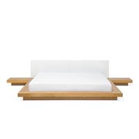 Bett Weiß / Hellbraun Kunstleder und MDF-Platten Holzoptik mit Lattenrost 180x200 cm 2 Nachttische Japanischer Stil Schlafzimmer Doppelbett - Weiß