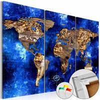 Afbeelding op kurk - Gouden Continenten , Wereldkaart, Blauw/Goud, 3luik