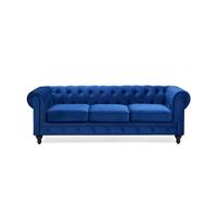 Beliani CHESTERFIELD Driezitsbank Blauw Fluweel